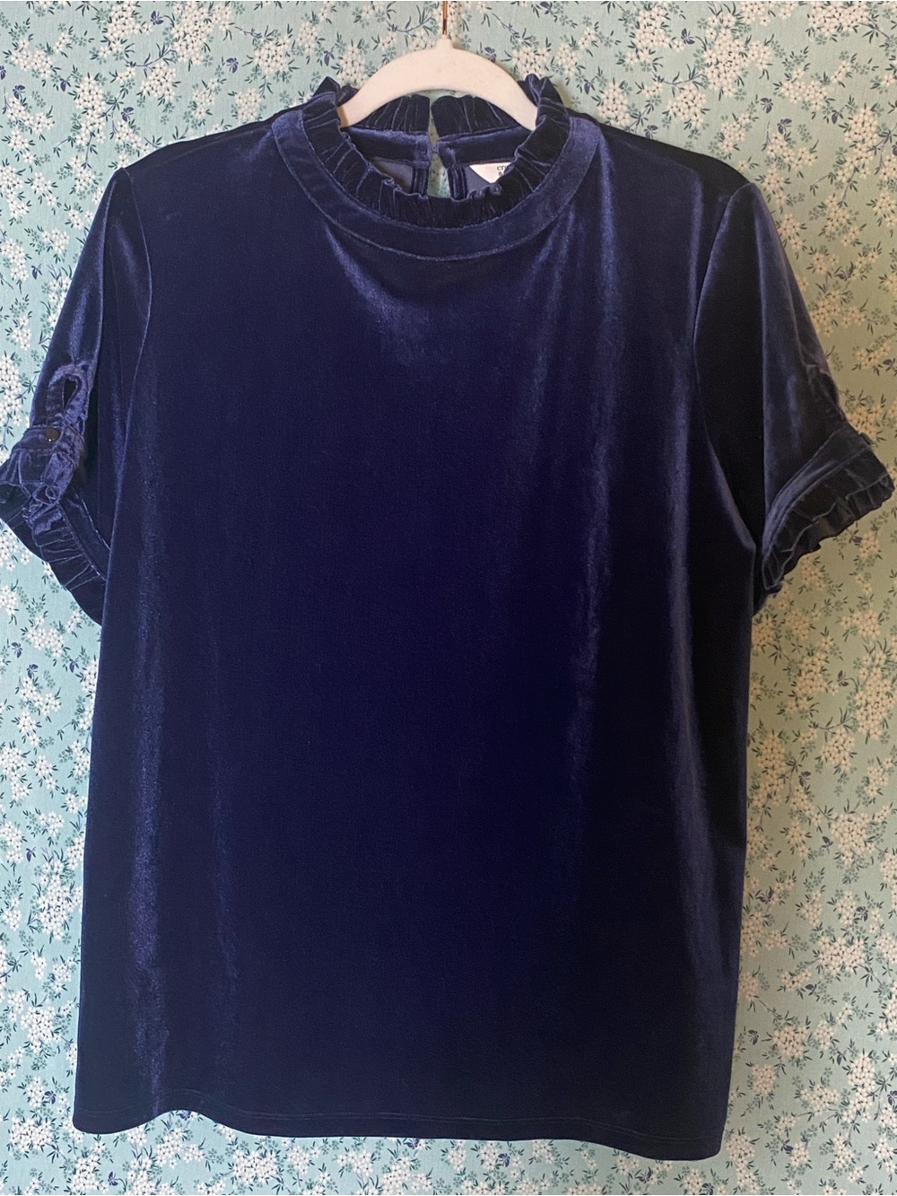 Crown & Ivy Velvet Short-Sleeve Ruffle Neck Top - Navy